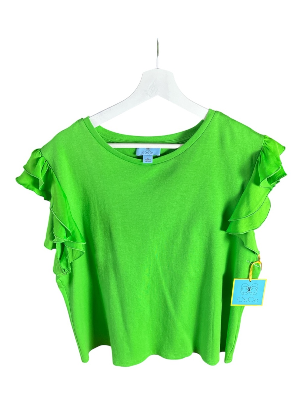NWT CeCe Lime Apple Green Ruffle Flutter Sleeve Knit Top Blouse Size XL